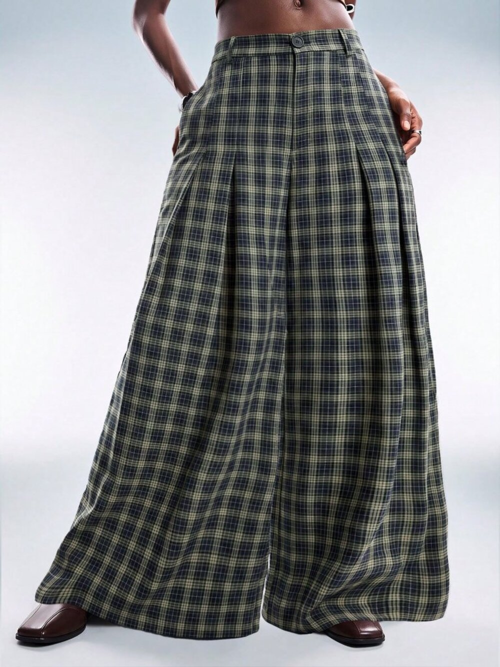 Green Casual Women's Plaid Regular Fit Loose Wide Leg Long Pants - Picture 4 of 6